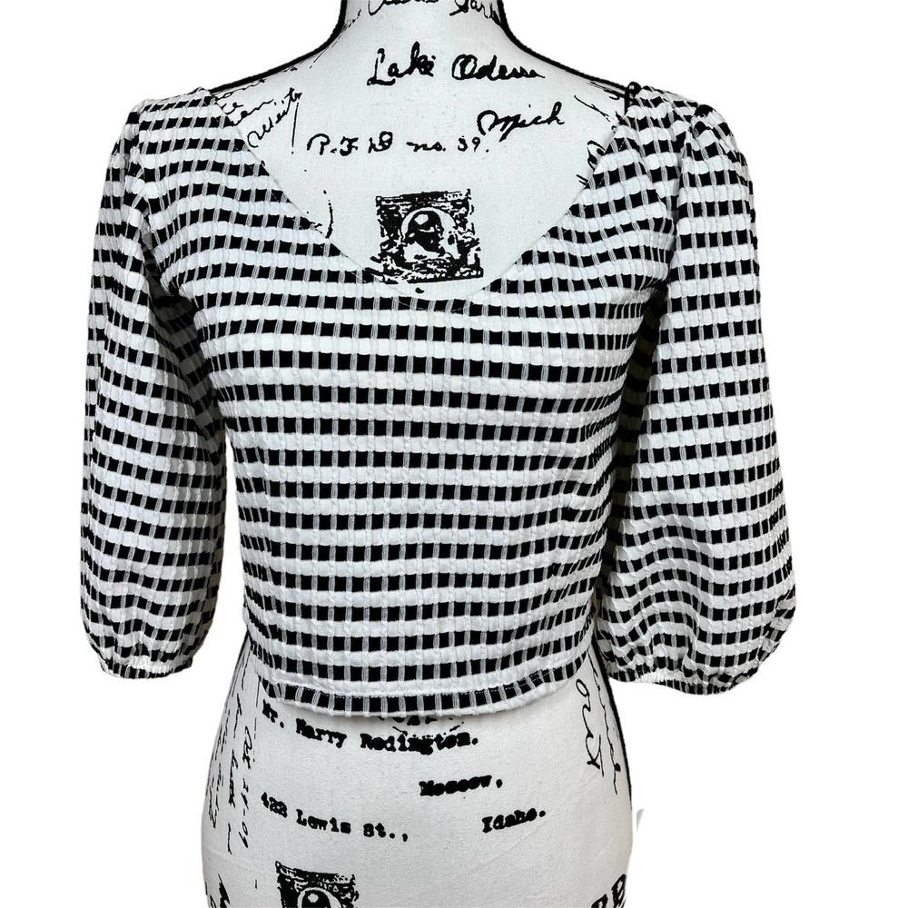 Zara black top checker V-neckline balloon sleeves checker blouse size L baddie